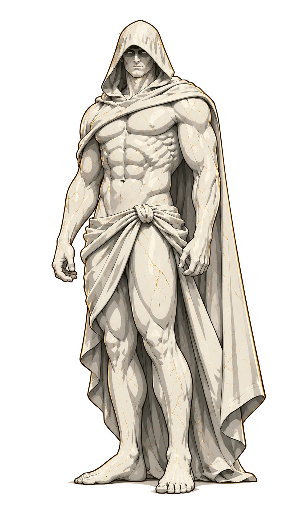 Kyron, the Armday coach: a hooded marble figure in a cream cape, standing tall.
