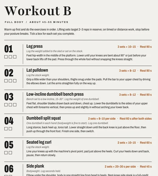 Page 6 of the PDF: Workout B, with exercises numbered 01 to 04.